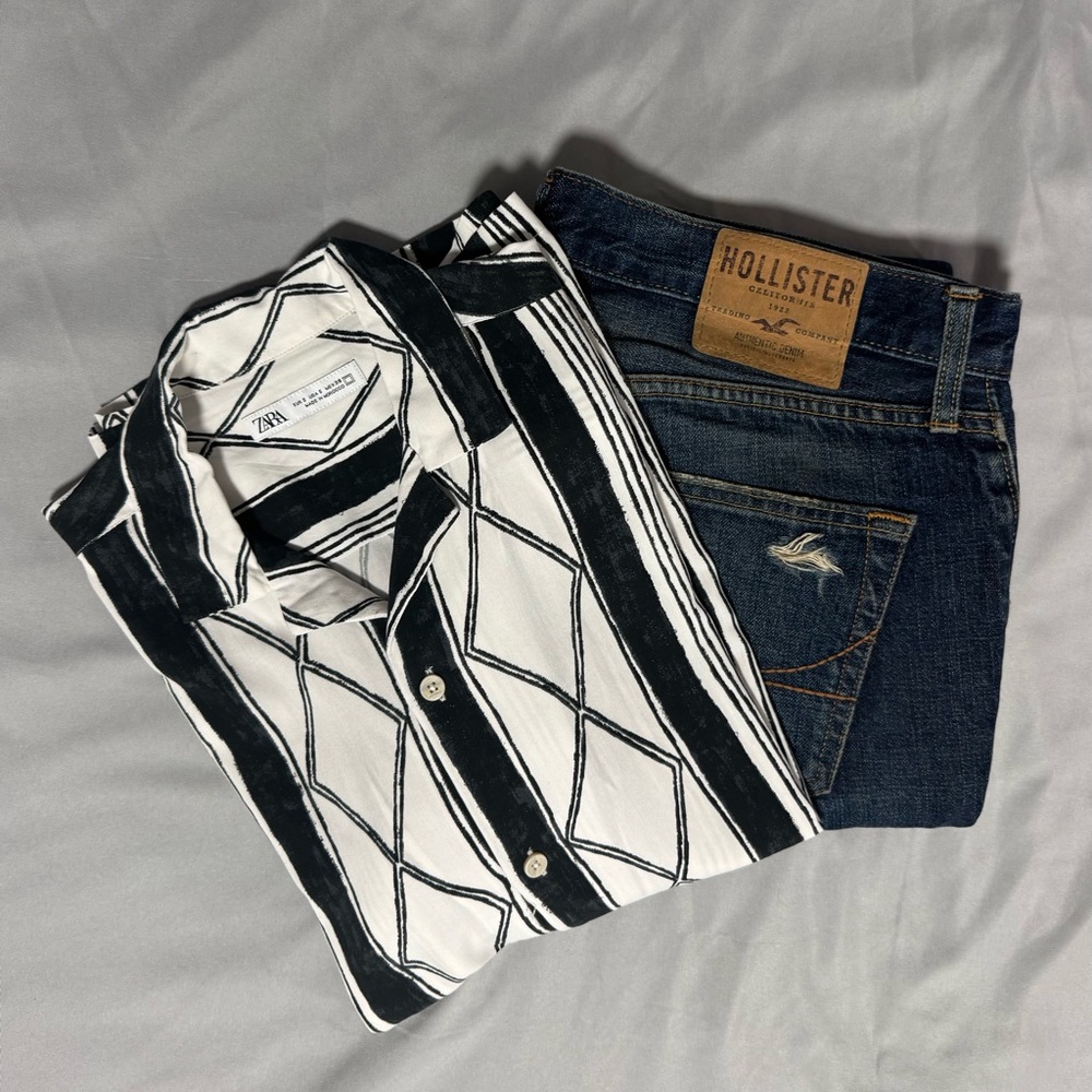 ZARA Black White Geometric Stripe Button Up Shirt | Short Sleeve | Size S